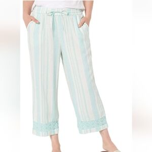 NATURALS DECO TEAL BLUE & WHITE DESIGN LINEN BLEND CROPPED PANTS SZ 1X